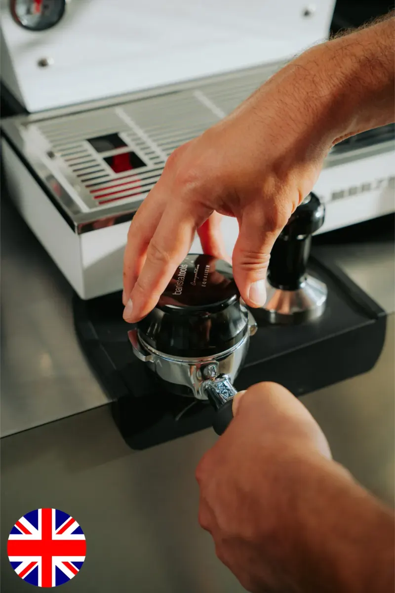 Tamping espresso during the English barista workshop in Munich